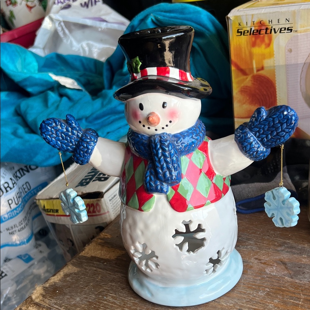 Vintage Festive Snowman Candle Holder with Blue Accents